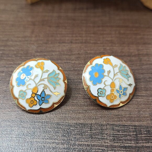 Floral Enamel Earrings Gold‎ Tone Flower Design Statement Jewelry - Picture 1 of 5